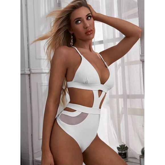 SHEIN Other - NWT cut out swimsuit XL M S white sexy monokini mesh high leg cage cut out mesh